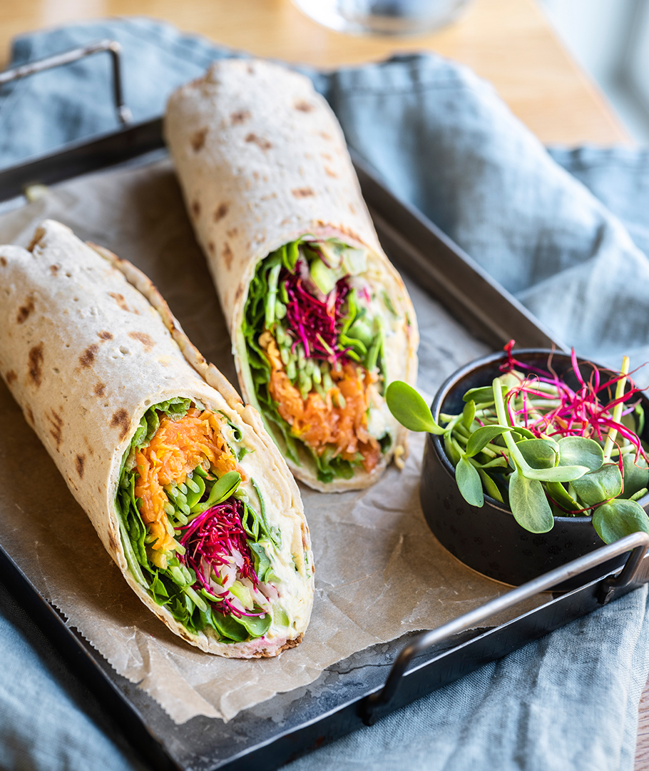 Soft Thinbread Roll with Pickled Carrots, Fresh Sprouts and Hummus